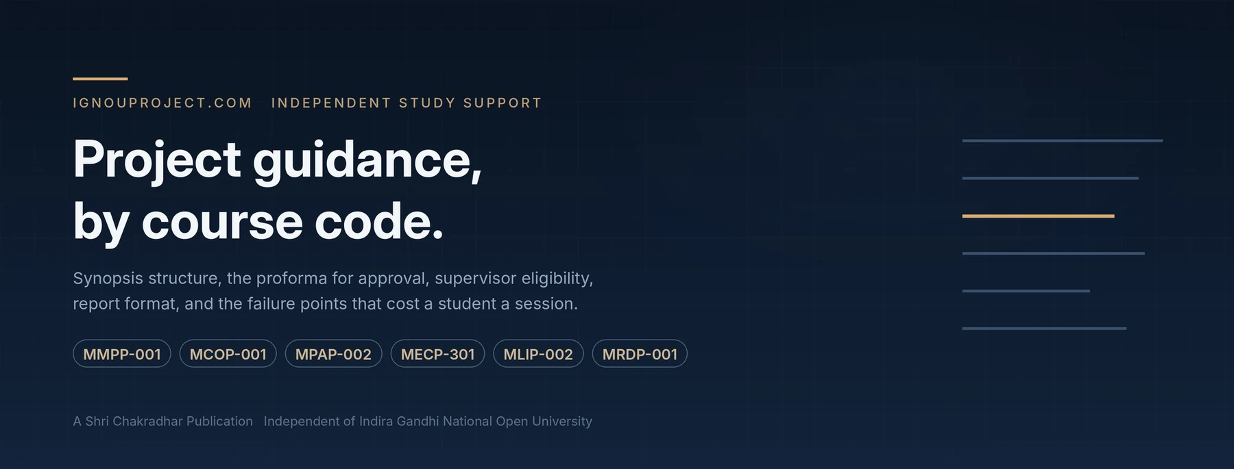 A dark navy panel with gold accents reading Project guidance, by course code, with six IGNOU course codes listed beneath.