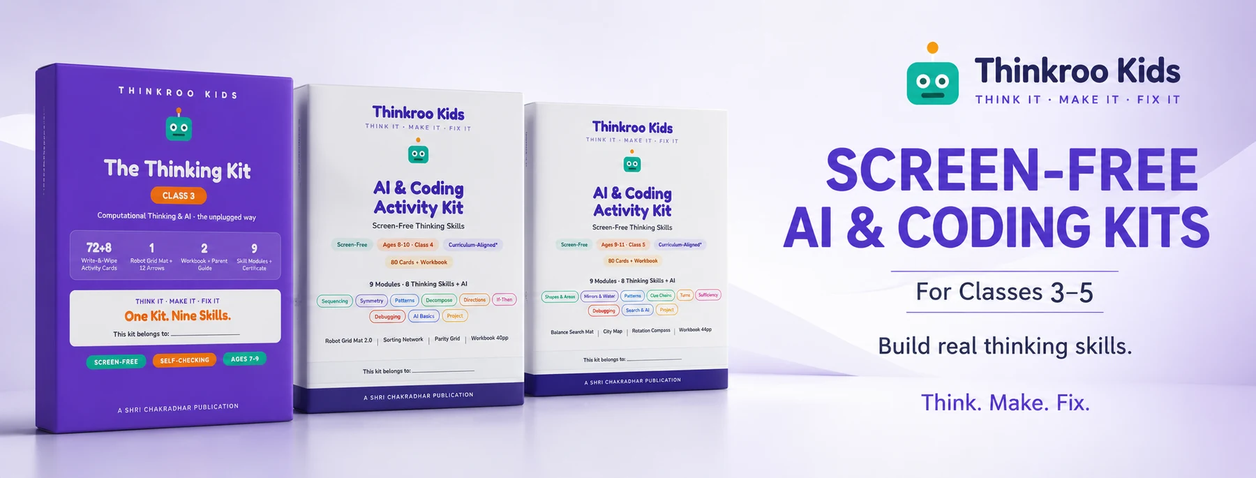 Three Thinkroo Kids activity kit boxes for Class 3, Class 4 and Class 5 on a pale lilac ground, with the headline Screen-free AI and coding kits.