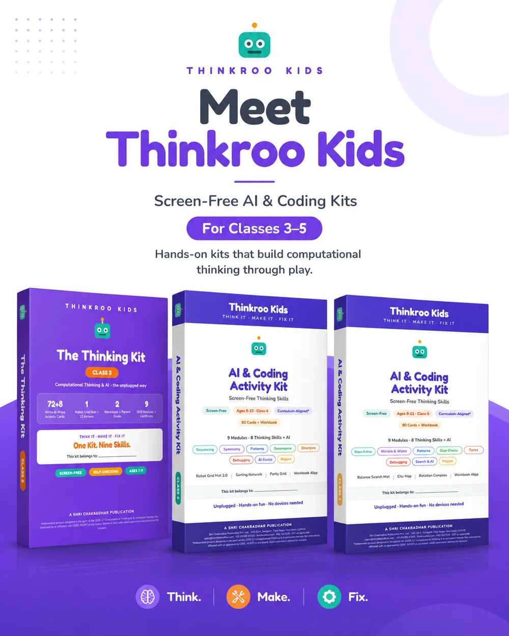 Vertical Thinkroo Kids poster showing the three activity kit boxes in purple and white.